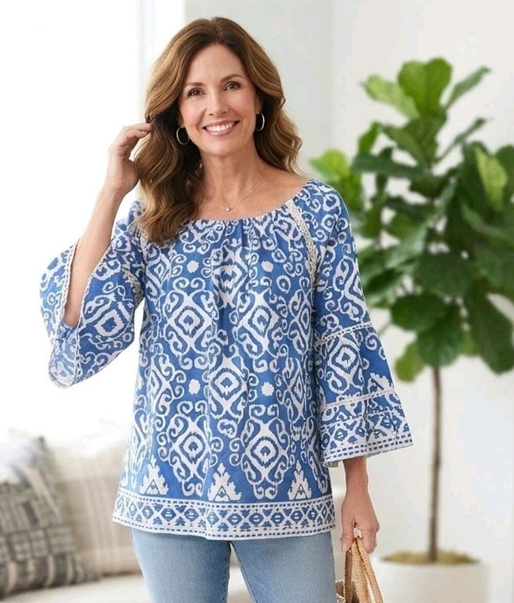 Calessa Top Women 2X Blue White Ikat Embroidered Boho Bell Sleeve Festival Work